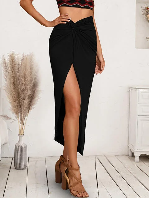 Luxury satin skirts for evening event elegance -Twist Detail Split Skirt