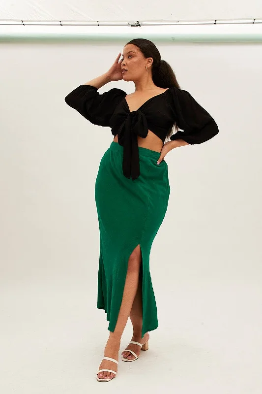 High-waisted Long Skirts for Shape -Green Midi Skirt Elastic Waist Split Side Linen Blend