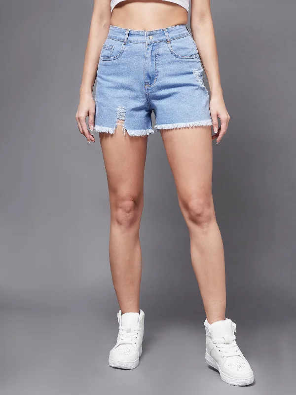 Printed Shorts with Patterns -Women's Blue Relaxed Mid Rise High Distress Regular Non Stretchable Denim Shorts