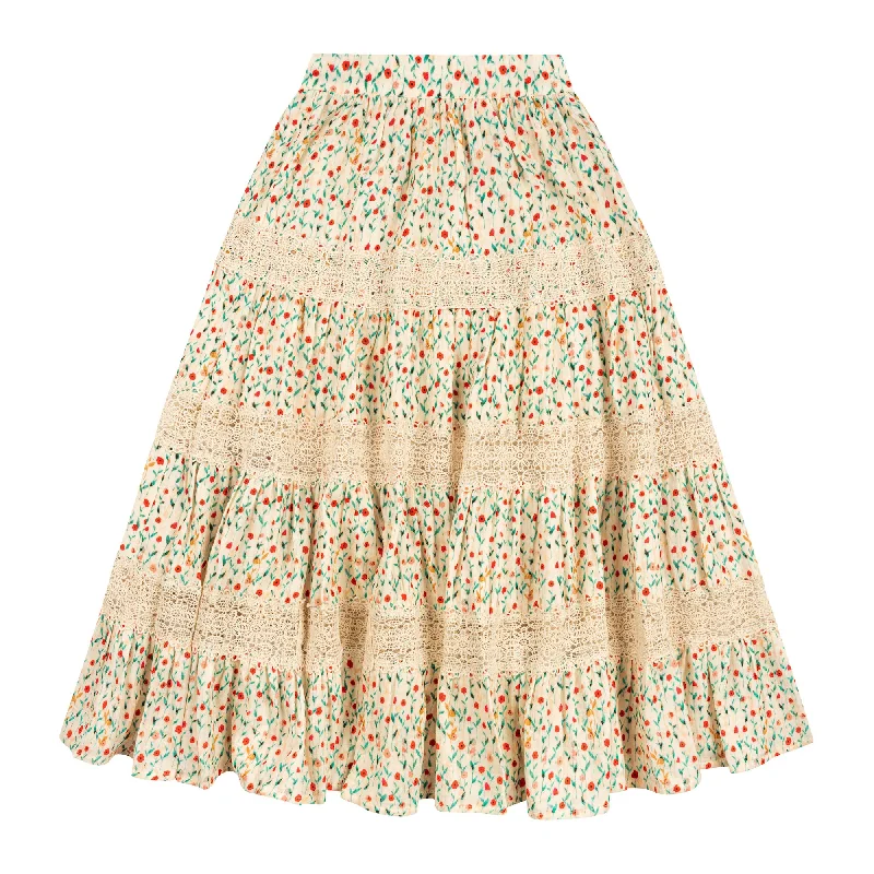 Long Skirts for Resort Wear -ATELIER PARSMEI CREAM FLOWER PRINT LACE TRIM MAXI SKIRT [FINAL SALE]