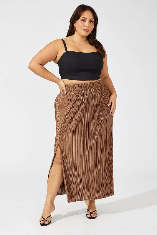 Linen Long Skirts for Breathable -Brown Midi Skirt Side Split Plisse