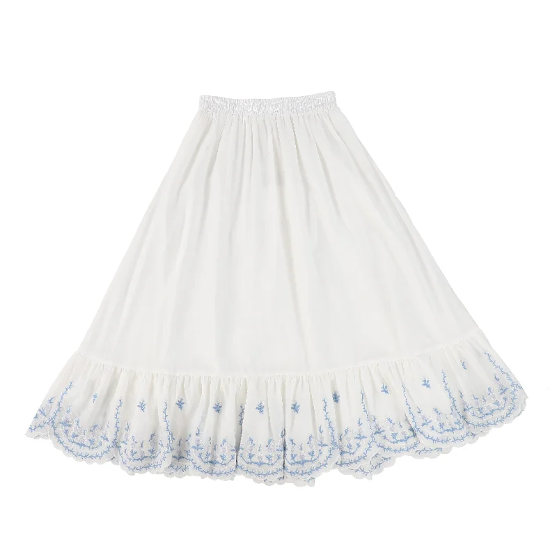 Retro Long Skirts for Throwback -BAMBOO WHITE EMBROIDERED SCALLOP TRIM MIDI SKIRT [FINAL SALE]