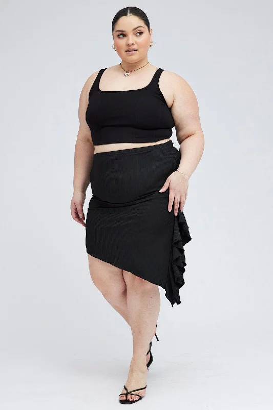 Straight Short Skirts for Simple -Black Rib Jersey Frill Skirt