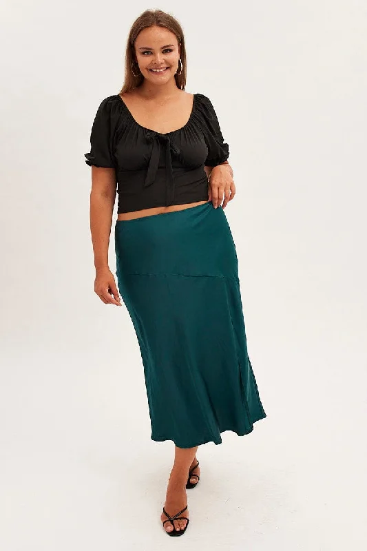 Wool Long Skirts for Warmth -Green Midi Skirt High Waist Split Satin