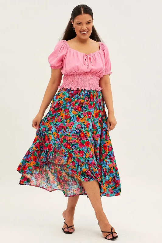 Black Short Skirts for Versatile -Multi Floral Print Maxi Skirt