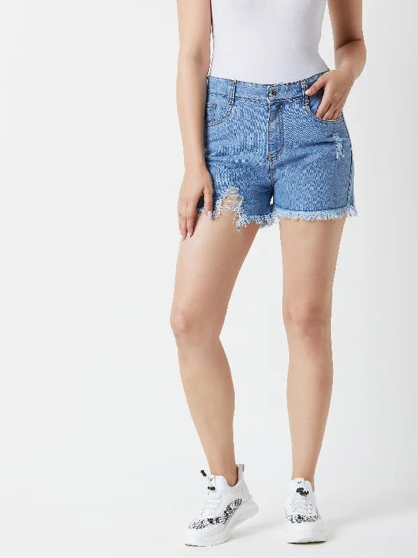 Buttoned Shorts for Stylish -Women's Blue Relaxed Fit Highly Distressed Mid Rise Ripped Denim Shorts