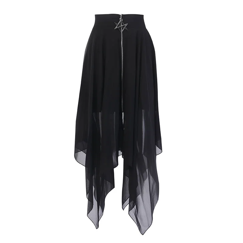 Modern Long Skirts for Trendy -Summer Mesh Irregular Women Skirts Pentagram Zipper Black Punk Skirts Gothic Darkness Lady Skirt Casual Loose Streetwear Skirts