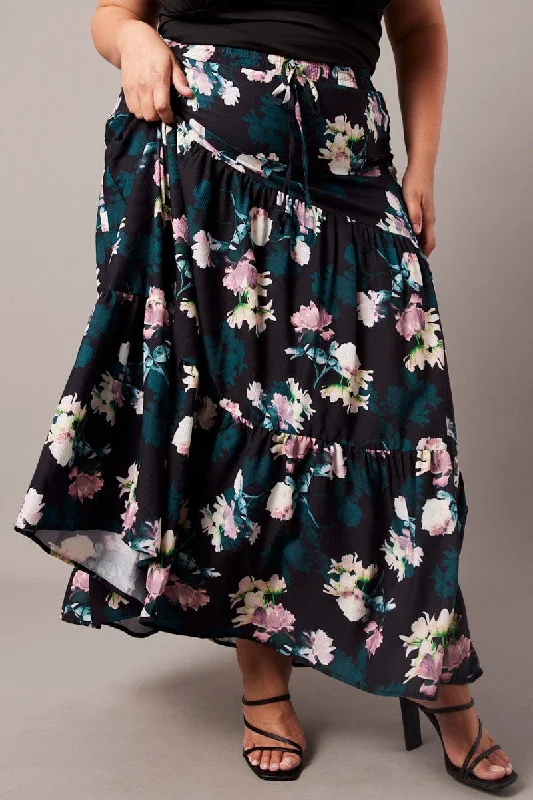 Retro Long Skirts for Throwback -Black Floral Maxi Skirt Elastic Waist Tiered