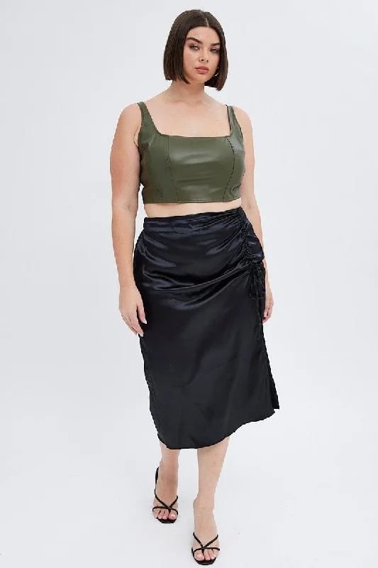 Mini Short Skirts for Youthful -Black Midi Skirt Drawstring Satin Split