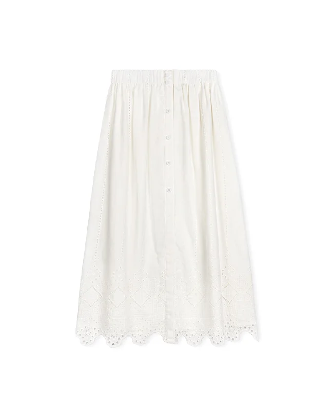 Silk Long Skirts for Luxurious -TUSTELLO WHITE LINEN EYELET STITCH MIDI SKIRT [FINAL SALE]