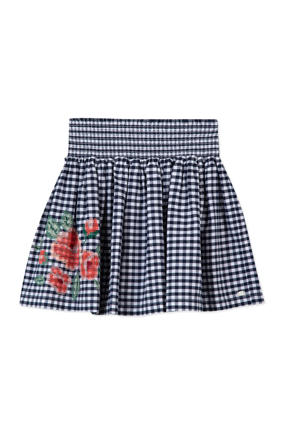 Vintage Long Skirts for Nostalgia -TARTINE ET CHOCOLAT NAVY PLAID EMBROIDERED FLOWER PATCH SKIRT [FINAL SALE]