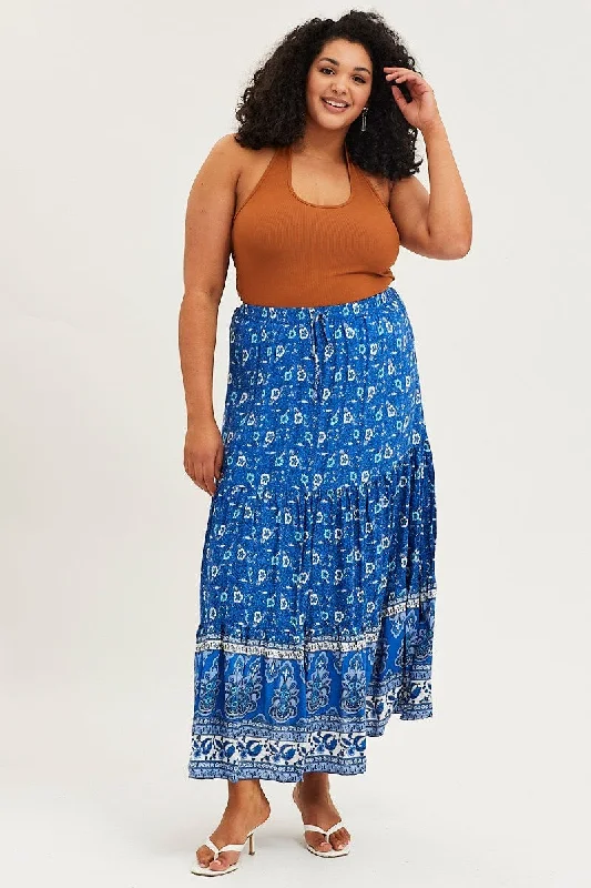 Blue Long Skirts for Classic -Boho Print Tiered Maxi Skirt