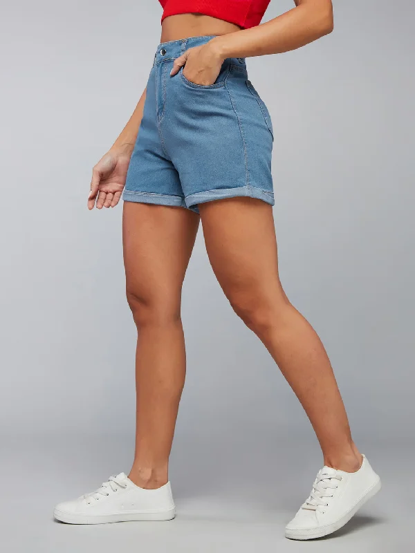 Nylon Skirts for Stretch -Women's Blue Relaxed Fit Clean Look Light Weight Mid Rise Denim Shorts