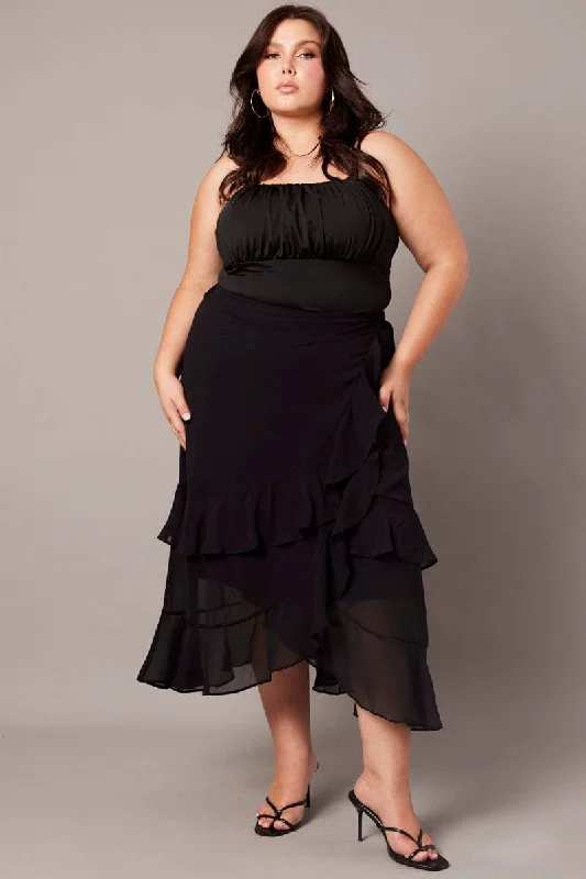 Retro Long Skirts for Throwback -Black Frill Chiffon Midi Skirt