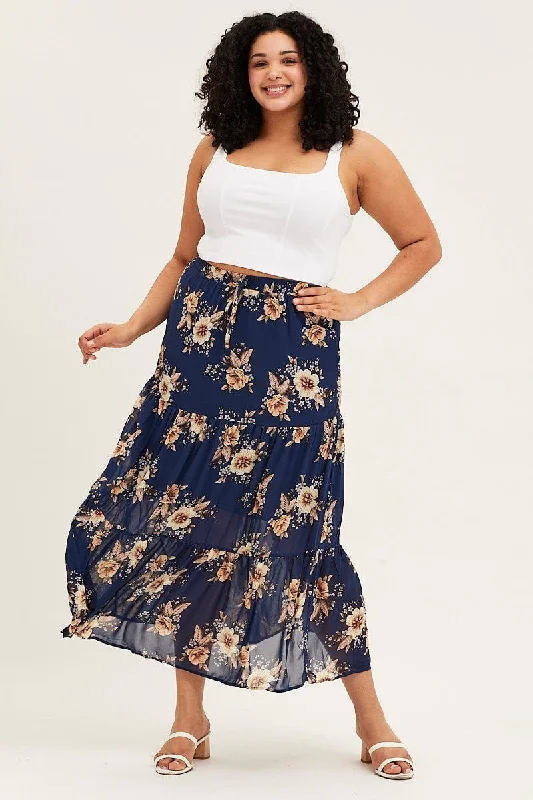 Straight Long Skirts for Classic -Floral Print Tiered Maxi Full Skirt