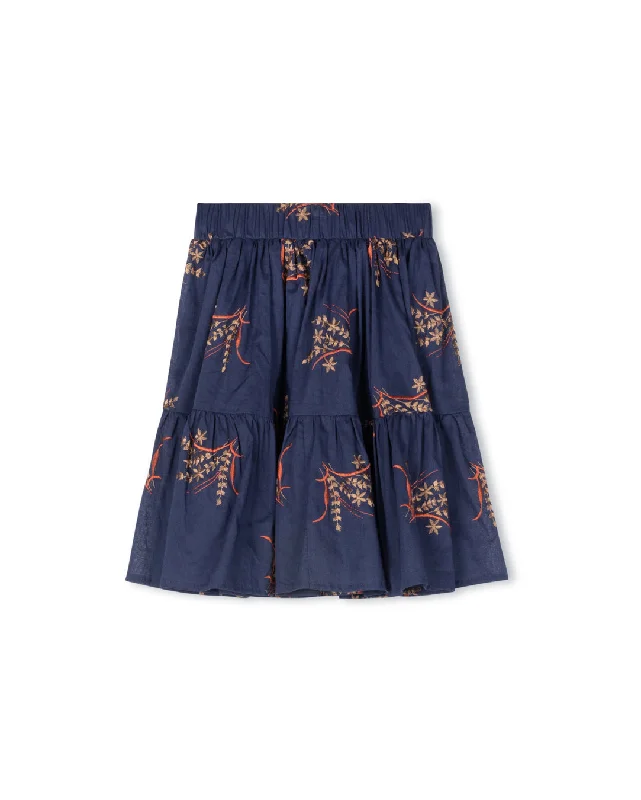 Leather Long Skirts for Luxury -ONE CHILD NAVY/BROWN FLORAL EMBROIDERED SKIRT [FINAL SALE]