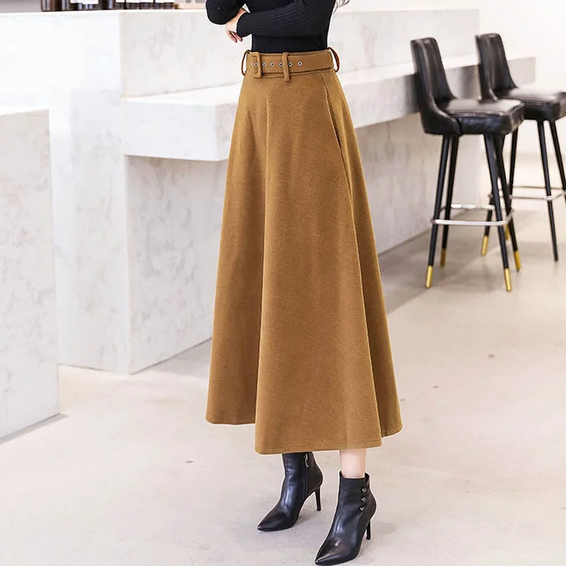 Vintage Long Skirts for Nostalgia -NORMOV 2019 Fashion Winter Women's Wool Skirts With Belt Solid Color Vintage Woolen Skirt Female Streetwear Casual Long 4 Color