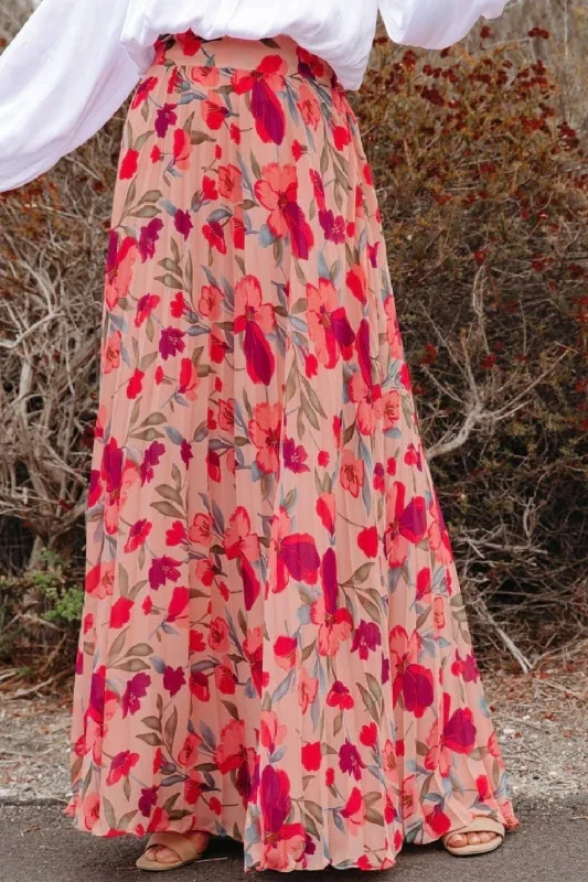 Lightweight skirts for warm weather comfort -Printed Elastic Waist Pleated Maxi Skirt