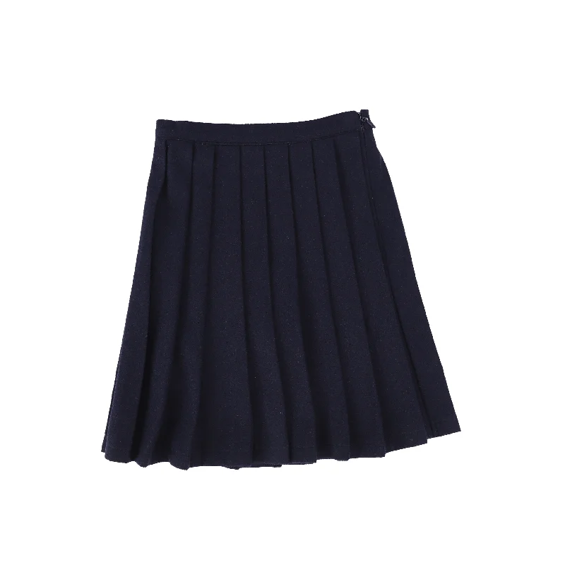 Low-waisted Long Skirts for Relaxed -Bamboo Navy Wool Pleated Skirt [FINAL SALE]