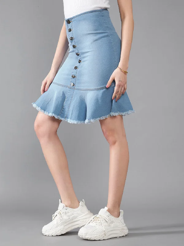 Studded Shorts for Edgy Look -Women's Blue Regular Fit Mid Rise Light Weight Midi Denim Skirt