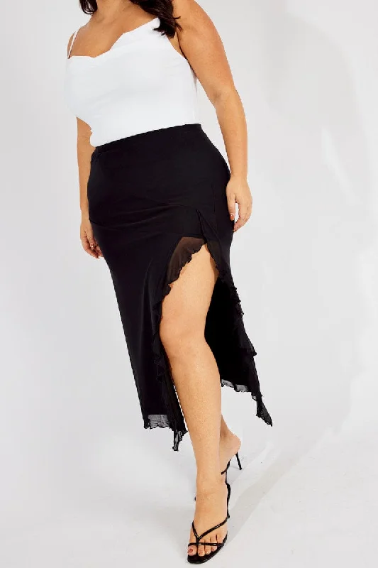 Long Skirts for Cultural Events -Black Mesh Frill Panel Skirt