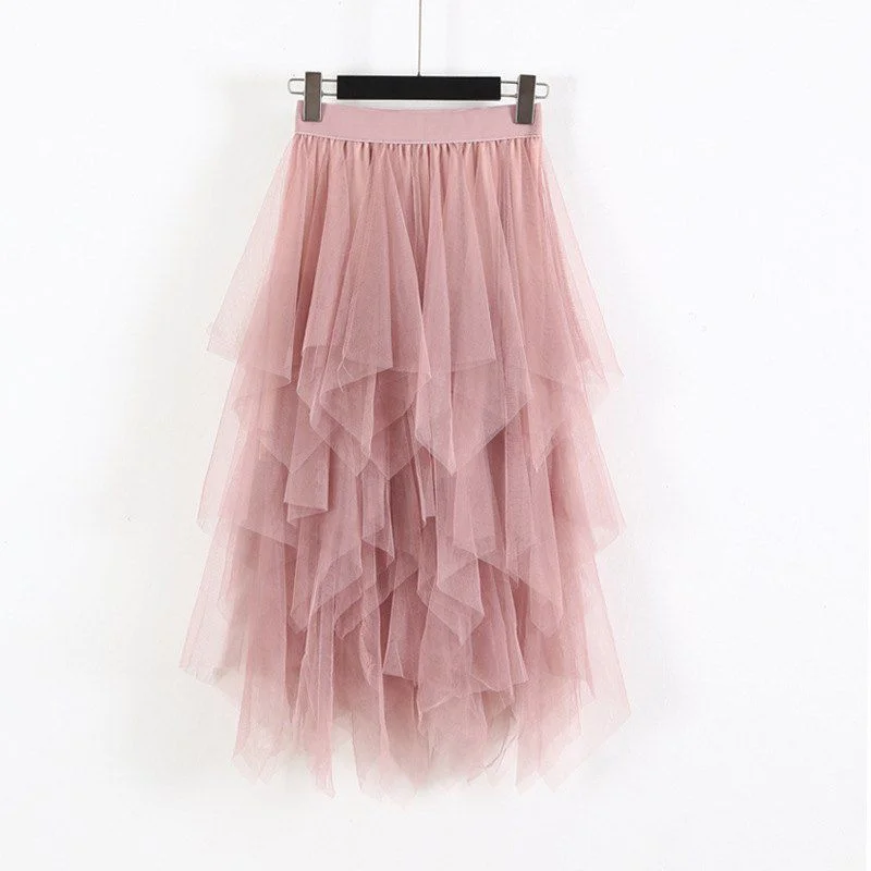 Geometric Short Skirts for Modern -Elastic High Waist Skirts Women Solid Irregular Mesh Tulle Skirts Elegant A-Line Long Skirt Ladies Summer Autumn Skirt