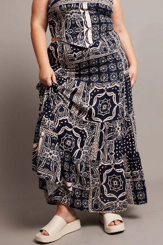 Wrap Long Skirts for Adjustable -Blue Abstract Tiered Maxi Skirt