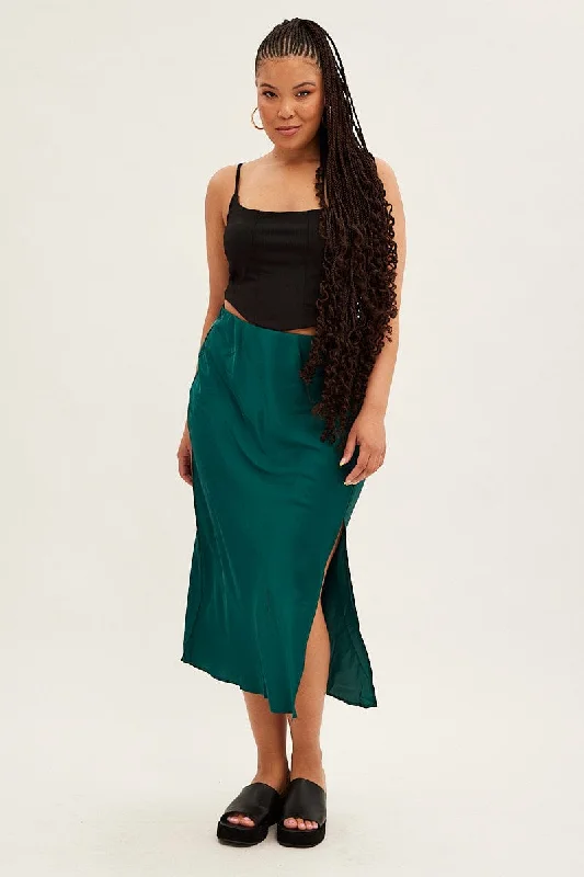 Polyester Short Skirts for Durable -Green Midi Skirt Bias Satin With Split