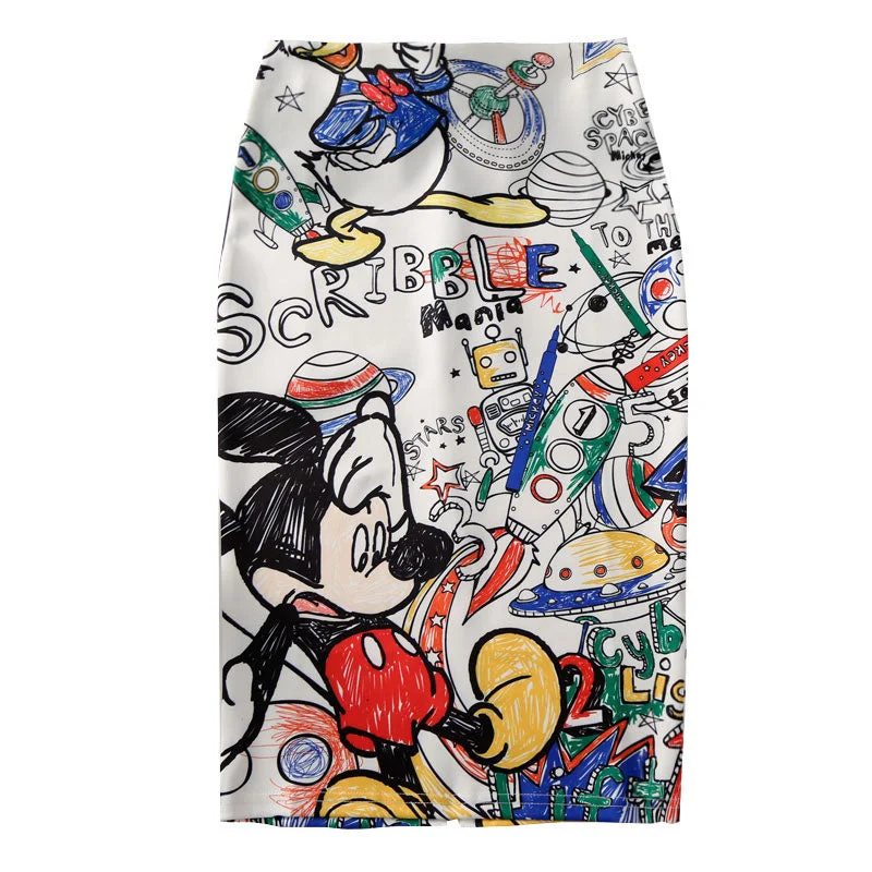 Linen Short Skirts for Breathable -Women's Pencil skirt 2019 New Cartoon Mouse Print High Waist Slim Skirts Young Girl Summer Large Size Japan Female Falda SP534