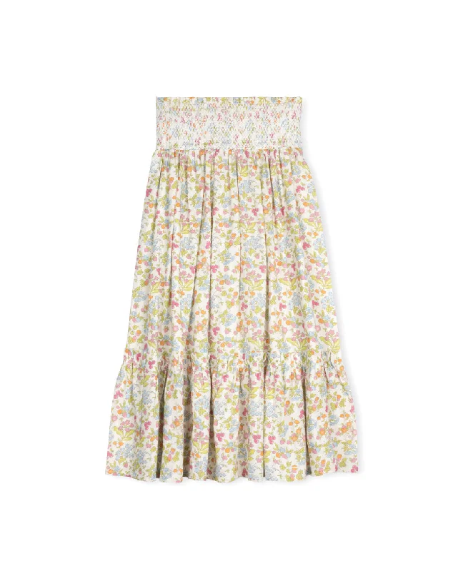 Cotton Long Skirts for Comfort -TUSTELLO FLORAL EMBROIDERED SMOCKED TIERED SKIRT [FINAL SALE]