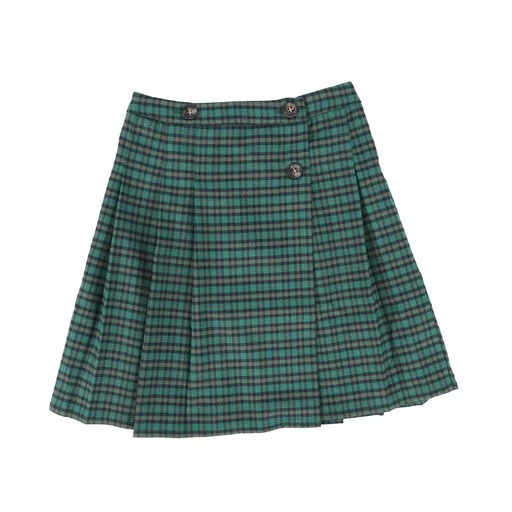 Punk Long Skirts with Spikes -LILOU GREEN PLAID PLEAT BUTTON SKIRT [Final Sale]