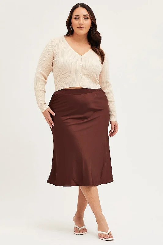 Satin Long Skirts for Shiny -Brown Midi Satin Skirt Elastic Waist