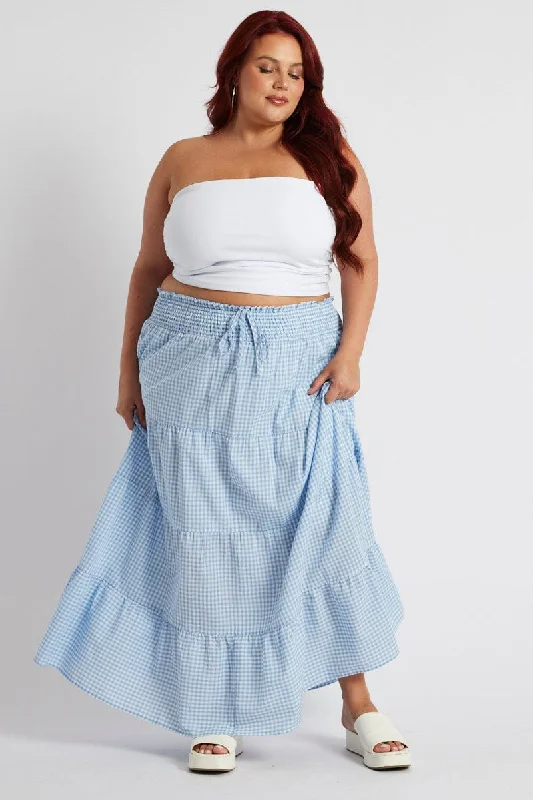 Abstract Long Skirts for Creative -Blue Check Maxiskirt Tiered Gingham