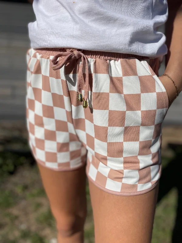 One-Shoulder Skirts for Trendy -Neutral Checkered Shorts