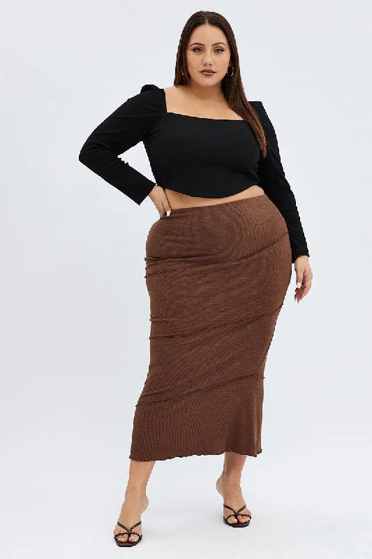 Long Skirts for Business Meeting -Brown Maxi Skirt Asymmetric Rib