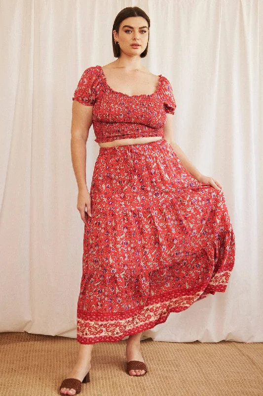 Long Skirts for Beach Vacations -Red Boho Maxi Skirt Tiered