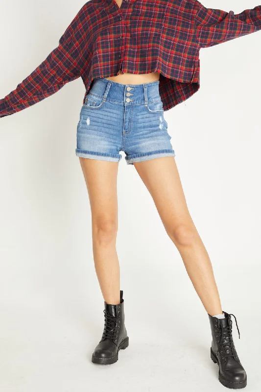 Mini Shorts for Youthful Vibe -High-Rise 3 Button Destressed Denim Shorts