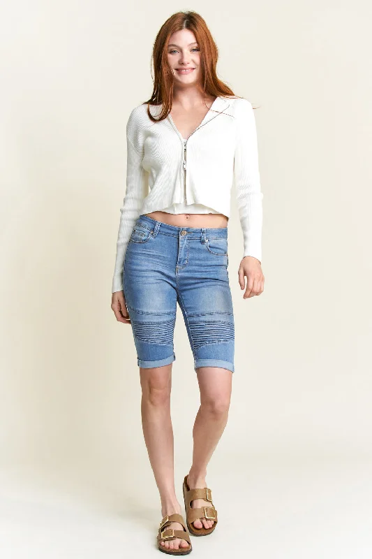 Faux Leather Skirts for Affordable -Mid Rise 5 Pocket Bermuda Denim Shorts