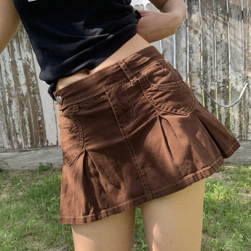 Pleated Short Skirts for Girly -Julia Fashion - Women Pleated Brown Jean Skirts