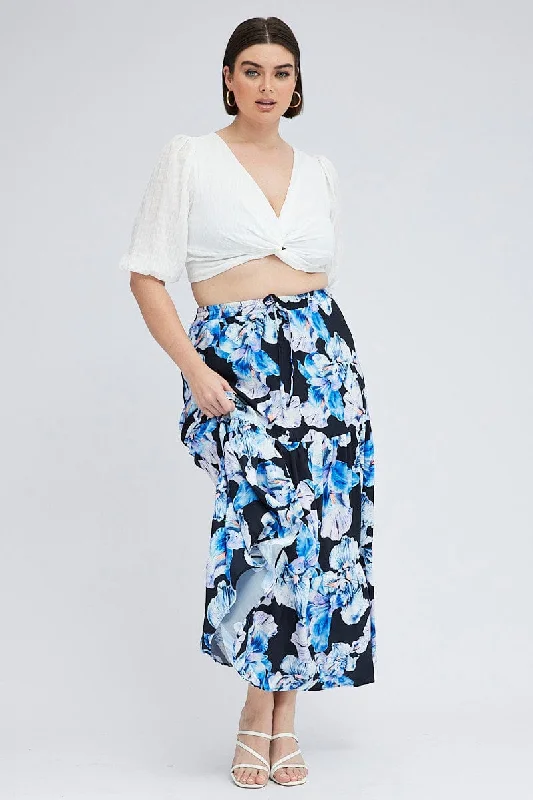 Long Skirts for Shopping Trips -Black Floral Elastic Waist Maxi Skirt