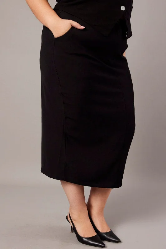 Long Skirts for Office Wear -Black Tailored Midi Pencil Skirt