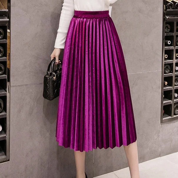 Celtic Long Skirts with Knotwork -2019 Autumn Winter Velvet Skirt High Waisted Skinny Large Swing Long Pleated Skirts Metallic Plus Size Faldas Saia Fashion Femal