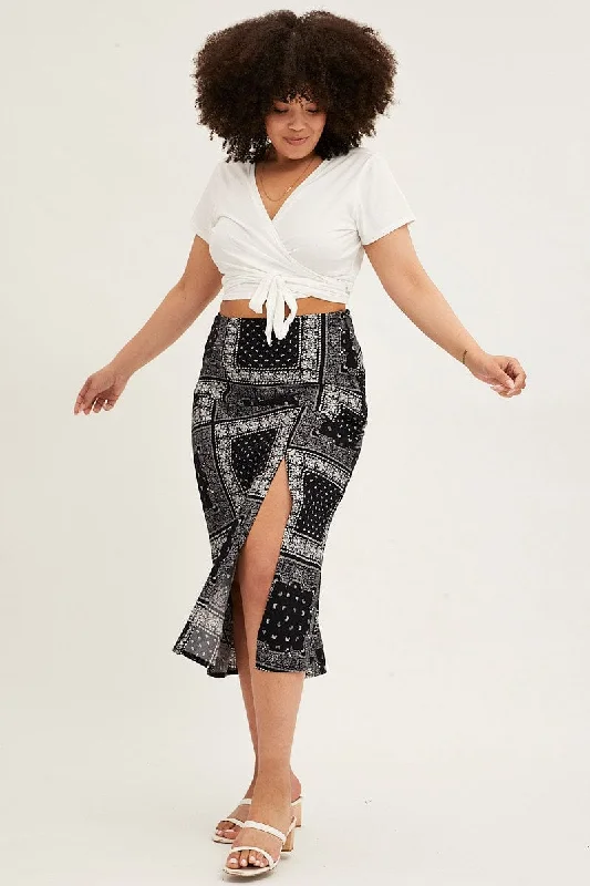 Layered Short Skirts for Fun -Black Boho Midi Skirt Bias Bandana Print Split