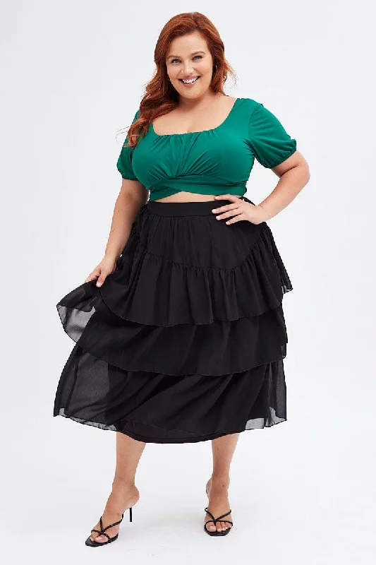 Gray Long Skirts for Subtle -Black Midi Skirt Ruffle Hem