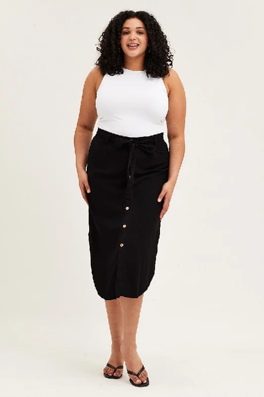 African Long Skirts with Culture -Black Button Front Linen Blend Midi Skirt