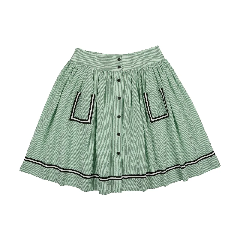 Linen Short Skirts for Breathable -MAISONITA GREEN STRIPED POCKET SKIRT [FINAL SALE]