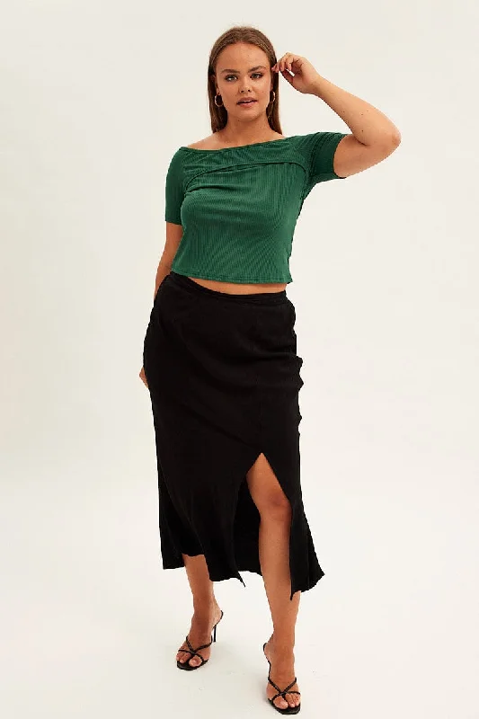 Ethnic Long Skirts with Tribal Design -Black Midi Skirt Elastic Waist Split Side Linen Blend