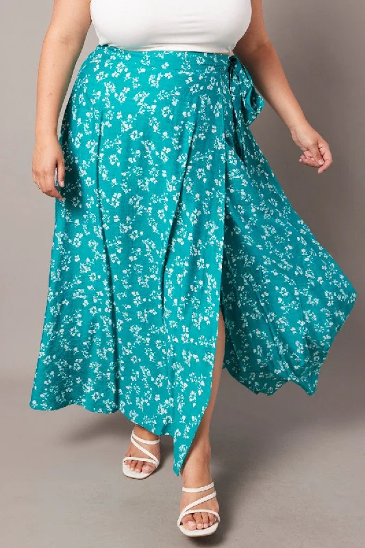 Green Long Skirts for Nature -Green Ditsy Wrap Maxi Skirt