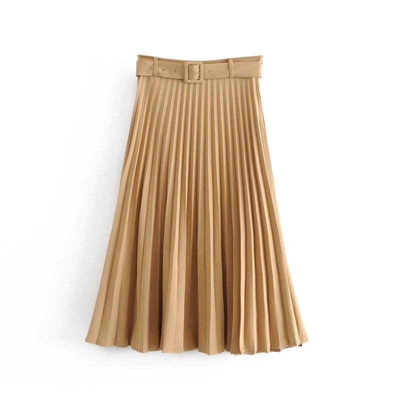 Long Skirts for Beach Vacations -New Women fashion belt solid color pleated midi skirt faldas mujer ladies side zipper vestidos retro casual slim skirts QUN481