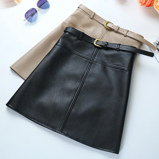 Skort Short Skirts for Practical -Winter A-Line PU Leather Skirt For Women High Waist Office Wear Skirts Plus Size Female Skirt with Belt